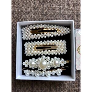 Hair Barette Large Clip Gold Pearl NWT lot 6 pieces New 3" long Wedding Event